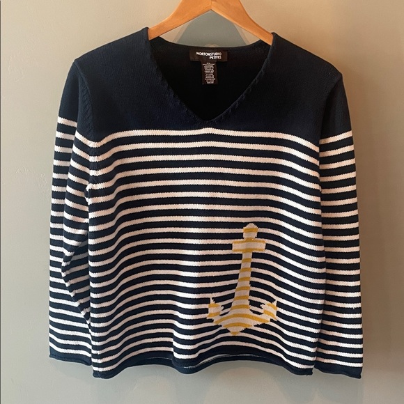 Norton Studio Sweaters - Norton Studio Petite Nautical Striped V-Neck Sweater Size Large
